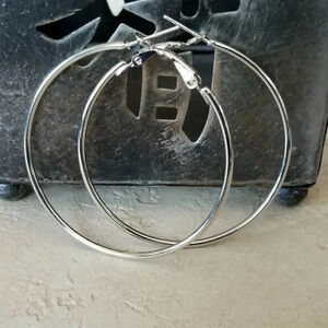 Minimalist Classic Sleek Silver Large Hoop Earrings 50mm 2" Leverback